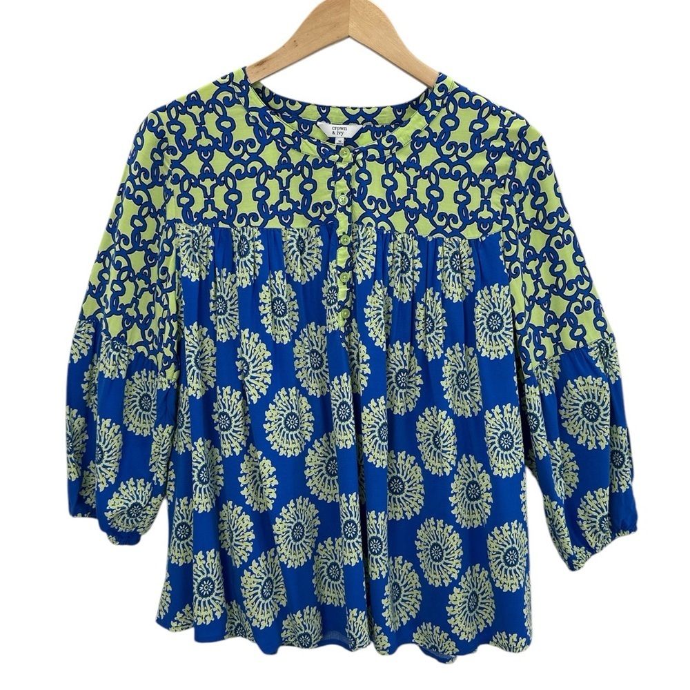 Crown & Ivy Geometric Mixed Print Balloon Sleeve Bright Colorful Blouse‎